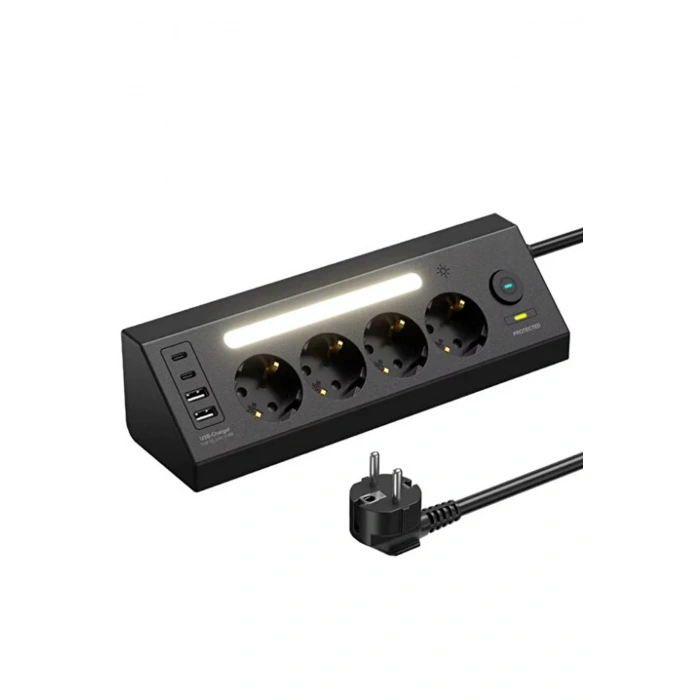 LP764 Çoklu Gece Lambalı Priz Yüksek Gerilim Korumalı 4LÜ Priz 2XUSB 2XType-C Çıkışlı Grup Priz Çoğaltıcı