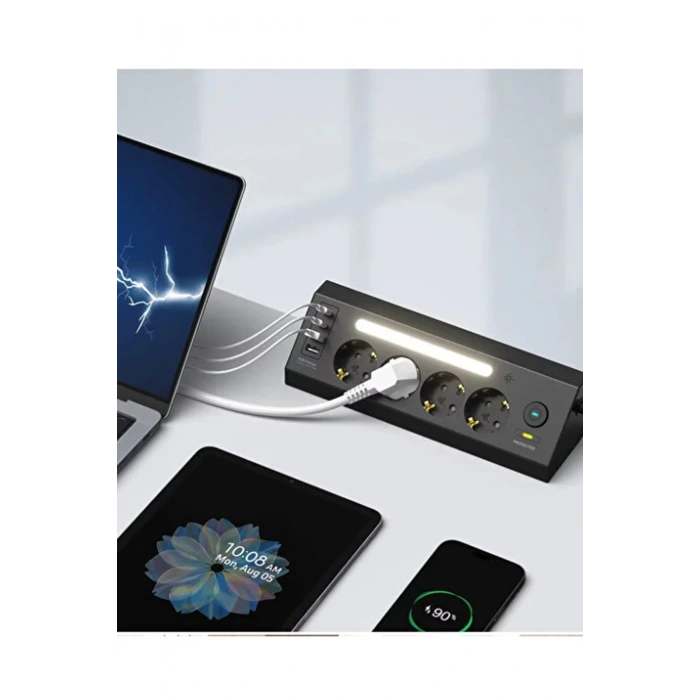 LP764 Çoklu Gece Lambalı Priz Yüksek Gerilim Korumalı 4LÜ Priz 2XUSB 2XType-C Çıkışlı Grup Priz Çoğaltıcı