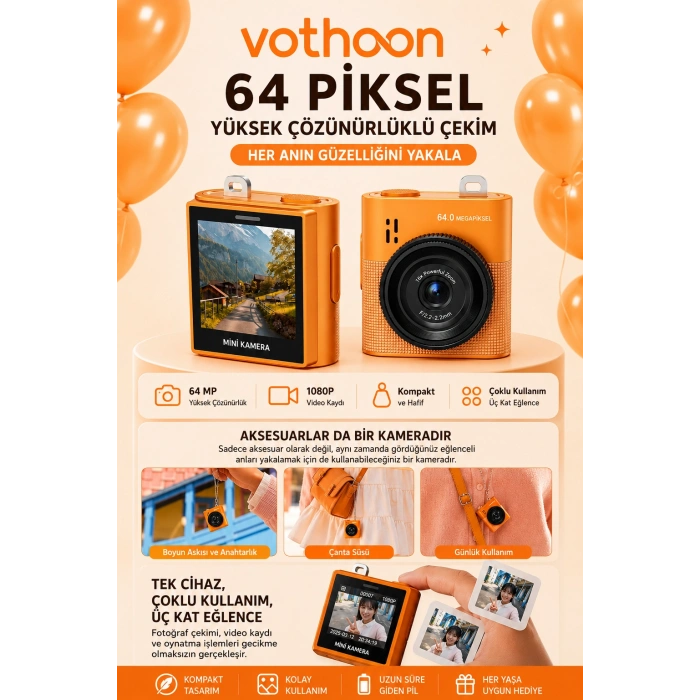 Mini Dijital Kamera 64MP 16x Digital Zoom Retro Vintage 1.4Ekranlı Video Kamera Taşınabilir Tasarım