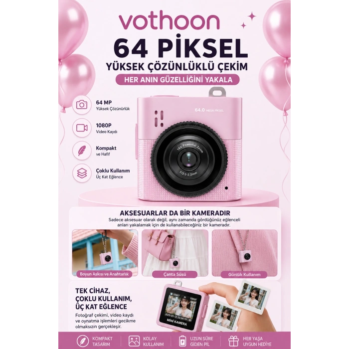 Mini Dijital Kamera 64MP 16x Digital Zoom Retro Vintage 1.4Ekranlı Video Kamera Taşınabilir Tasarım