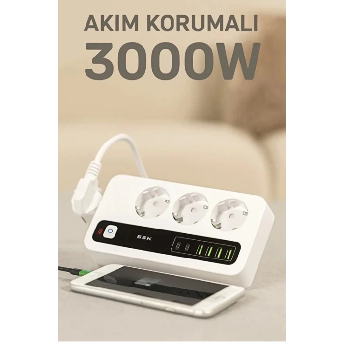 P10 3X Priz 3000W Akım Korumalı 4X Usb 2X Type-c Girişli Çoklu Priz