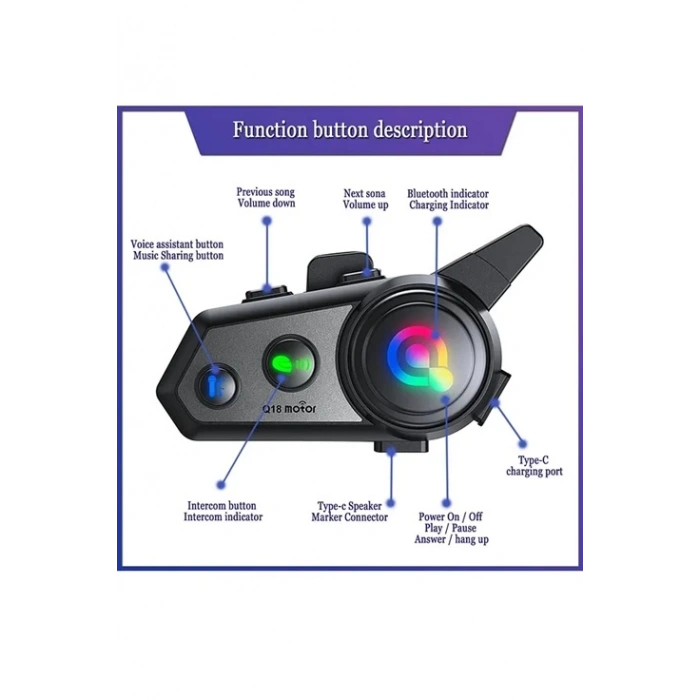 Q18 Motosiklet Kask Kulaklık Intercom Işıklı 2 Eşleşme Özellikli 1000 Mah