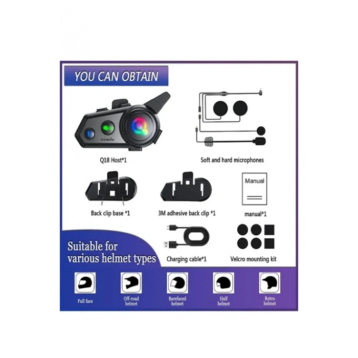 Q18 Motosiklet Kask Kulaklık Intercom Işıklı 2 Eşleşme Özellikli 1000 Mah