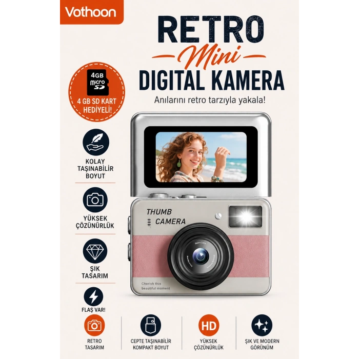 Retro Mini Dijital Kamera 1080P 1.47 İnç Flip Ekranlı Flaşlı Selfie Vlog Kamerası 4GB SD Hediyeli