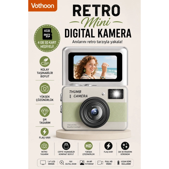 Retro Mini Dijital Kamera 1080P 1.47 İnç Flip Ekranlı Flaşlı Selfie Vlog Kamerası 4GB SD Hediyeli