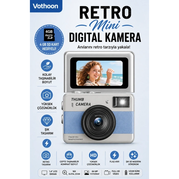 Retro Mini Dijital Kamera 1080P 1.47 İnç Flip Ekranlı Flaşlı Selfie Vlog Kamerası 4GB SD Hediyeli