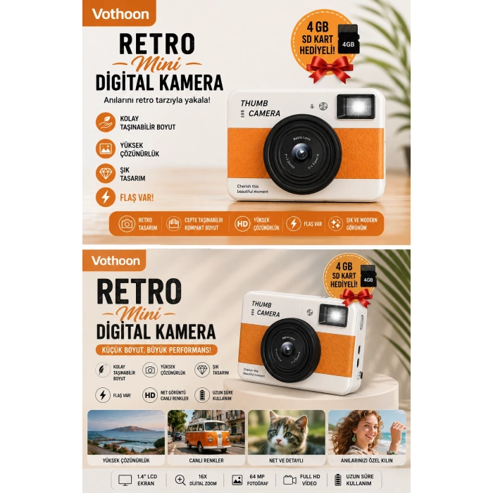 Retro Mini Dijital Kamera 1080P 1.47 İnç Flip Ekranlı Flaşlı Selfie Vlog Kamerası 4GB SD Hediyeli