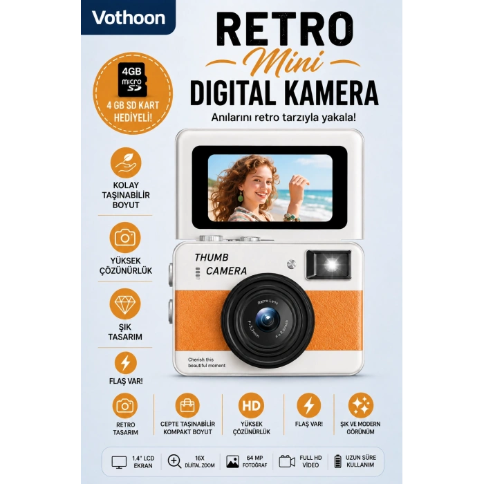 Retro Mini Dijital Kamera 1080P 1.47 İnç Flip Ekranlı Flaşlı Selfie Vlog Kamerası 4GB SD Hediyeli