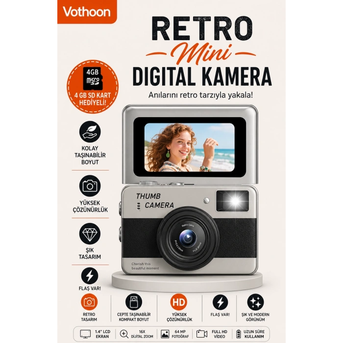 Retro Mini Dijital Kamera 1080P 1.47 İnç Flip Ekranlı Flaşlı Selfie Vlog Kamerası 4GB SD Hediyeli