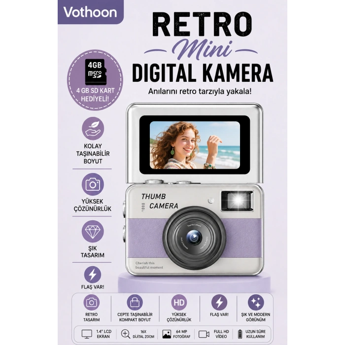 Retro Mini Dijital Kamera 1080P 1.47 İnç Flip Ekranlı Flaşlı Selfie Vlog Kamerası 4GB SD Hediyeli