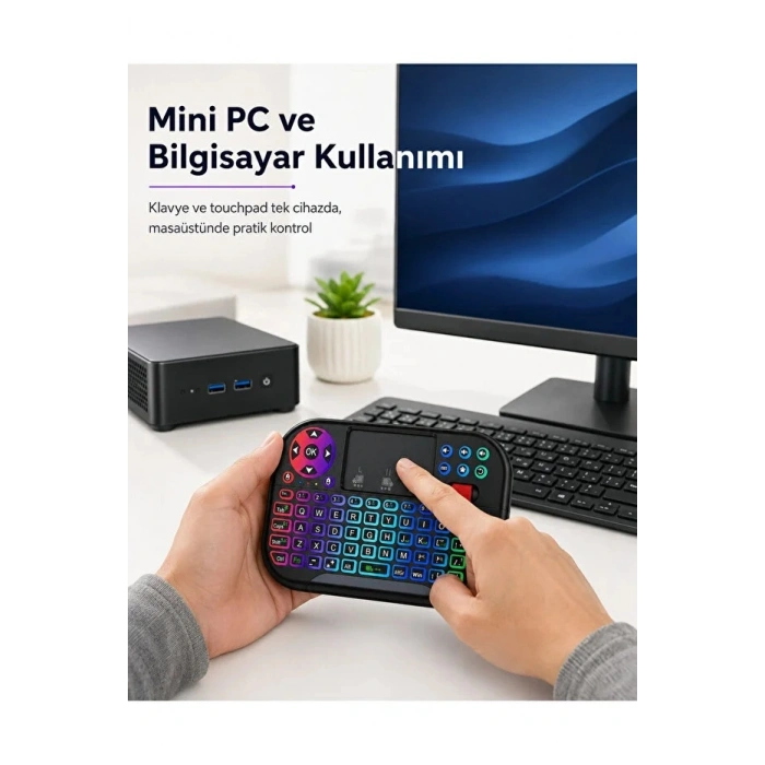 RGB Işıklı Mini Kablosuz Klavye Touchpad Combo, Bluetooth ve 2.4G Smart TV Kumandası