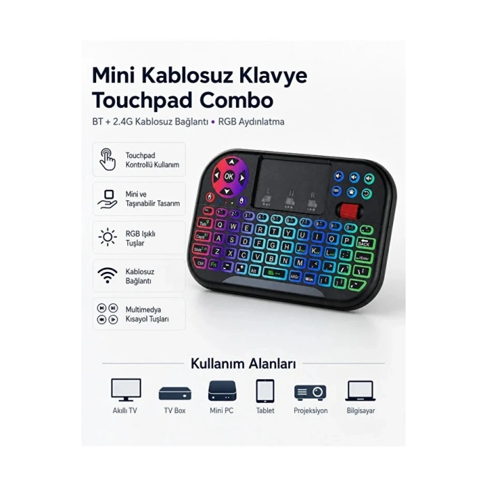 RGB Işıklı Mini Kablosuz Klavye Touchpad Combo, Bluetooth ve 2.4G Smart TV Kumandası
