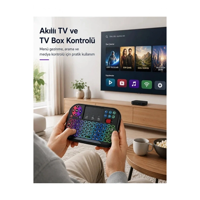RGB Işıklı Mini Kablosuz Klavye Touchpad Combo, Bluetooth ve 2.4G Smart TV Kumandası