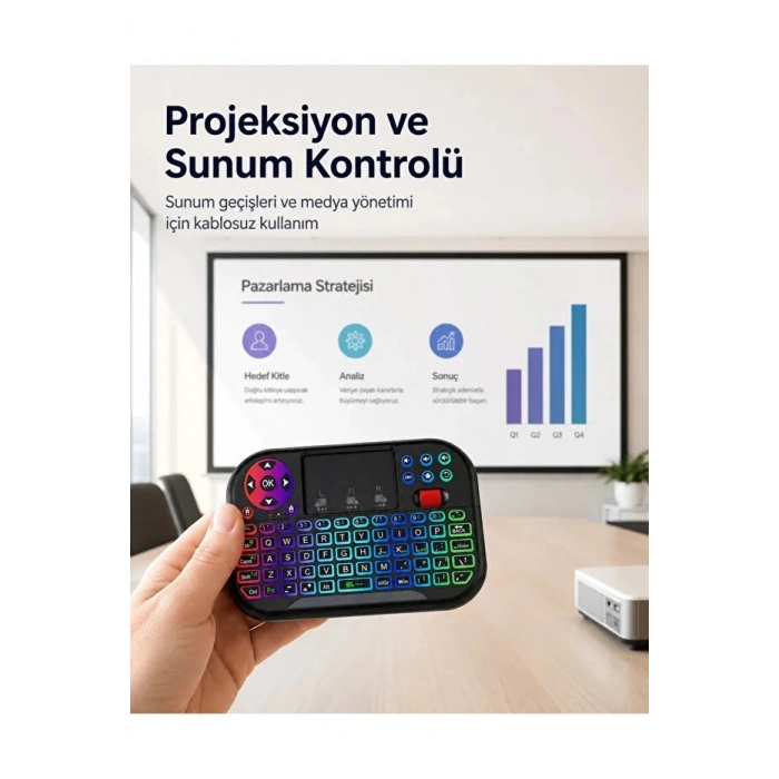 RGB Işıklı Mini Kablosuz Klavye Touchpad Combo, Bluetooth ve 2.4G Smart TV Kumandası