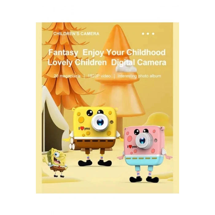 Sünger Bob Tasarımlı Yeni Nesil Çocuk Dijital Mini Fotoğraf Makinesi Çift Kamera 20 MP