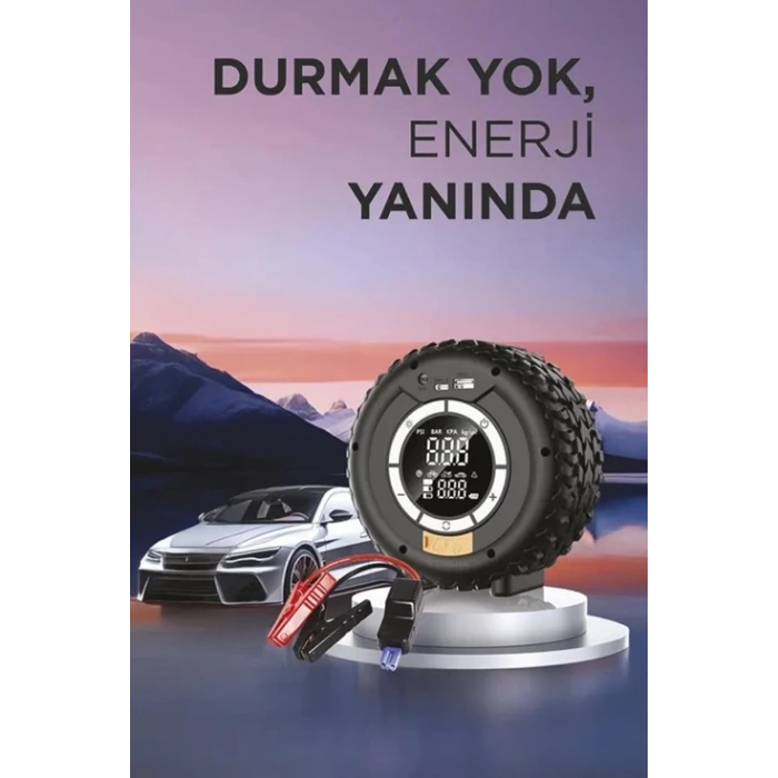 Taşnabilir Araç Akü Takviyeli Powerbank Destekli Işıklı Oto Hava Kompresörü