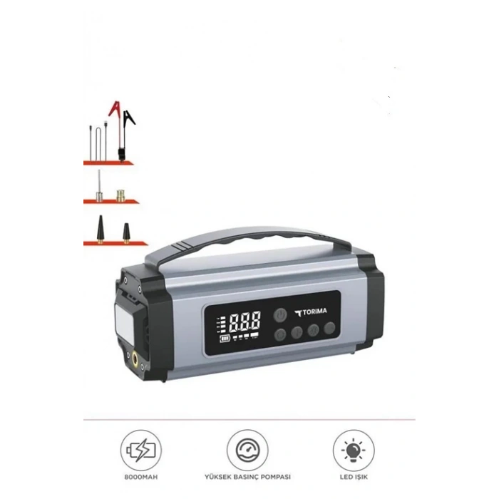 Taşnabilir Dijital Ekranlı Araç Akü Takviyeli Işıklı Oto Marş Hava Kompresörü