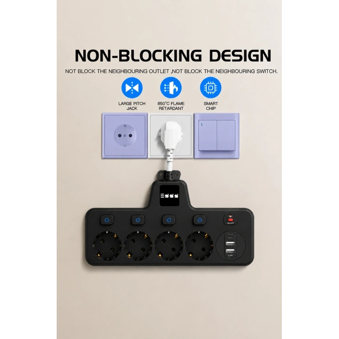 Termal Akım Korumalı 4lü Duvar Tipi Priz 2x USB 2x Type-C Çıkışlı Grup Priz Çoğaltıcı siyah (2500W)