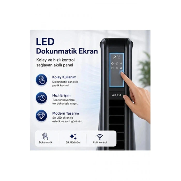 Turbo Smart Akıllı Fan Led Ekranlı Kumandalı 90° Hareketli Serinletici Soğutucu Kule tipi Vantilatör