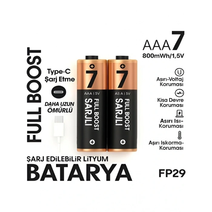 Type-C Şarjlı 800MWH 1.5V Şarj Edilebilir 2li AAA İnce Pil - Lityum Iyon Batarya