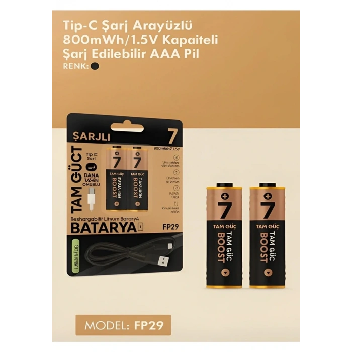 Type-C Şarjlı 800MWH 1.5V Şarj Edilebilir 2li AAA İnce Pil - Lityum Iyon Batarya