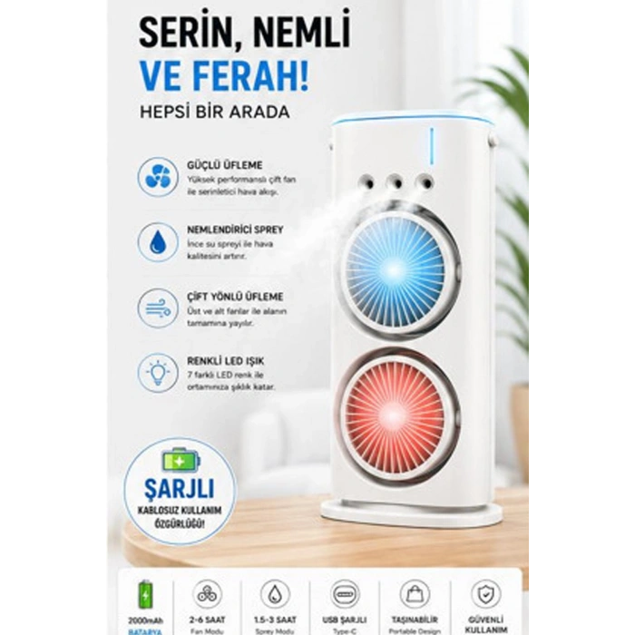 Vothoon Şarjlı Çift Başlıklı Sprey Fan Nemlendirici ve Renkli LED Işıklı