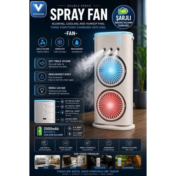 Vothoon Şarjlı Çift Başlıklı Sprey Fan Nemlendirici ve Renkli LED Işıklı