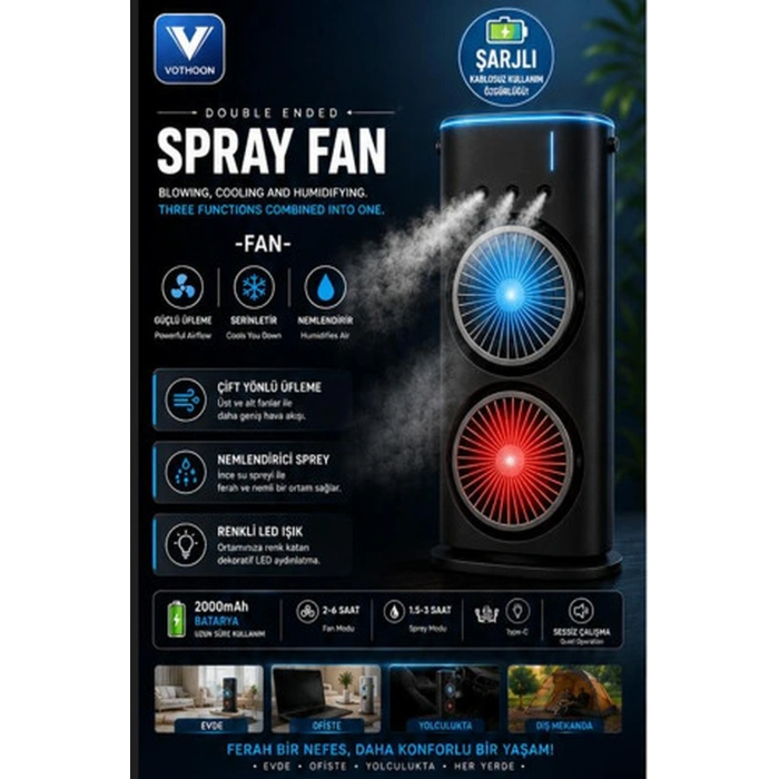 Vothoon Şarjlı Çift Başlıklı Sprey Fan Nemlendirici ve Renkli LED Işıklı