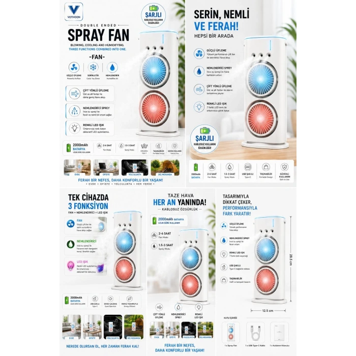 Vothoon Şarjlı Çift Başlıklı Sprey Fan Nemlendirici ve Renkli LED Işıklı