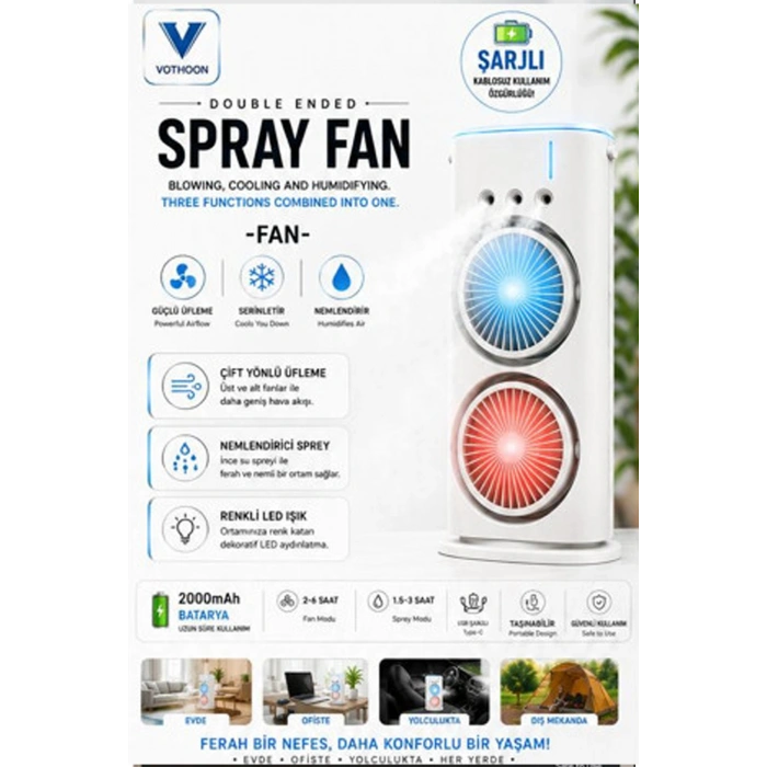 Vothoon Şarjlı Çift Başlıklı Sprey Fan Nemlendirici ve Renkli LED Işıklı