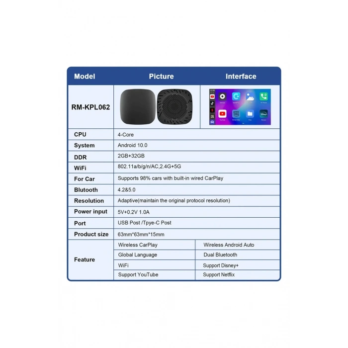 Wireless Carplay Android Araba 4 Çekirdekli Akıcı FullHd 1080P Wifi 2.4/5G 2GB/32Gb