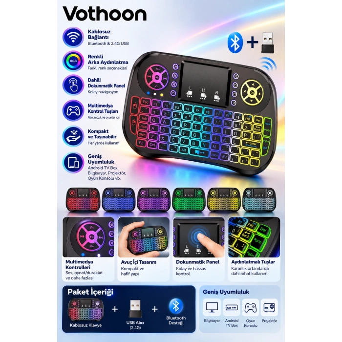 ZK-08 RGB Işıklı Mini Kablosuz Klavye Touchpad Bluetooth ve 2.4G Smart TV Kumandası