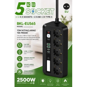 5’li Akım Korumalı Priz 2500W | 2 USB + 2 Type-C Hızlı Şarj | LED Gece Lambalı | Dokunmatik Anahtarlı siyah