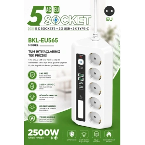 5’li Akım Korumalı Priz 2500W | 2 USB + 2 Type-C Hızlı Şarj | LED Gece Lambalı | Dokunmatik Beyaz