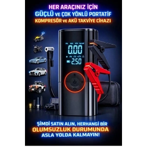 St-9650 Şarjlı 10.000 Mah Taşınabilir Araç Hava Kompresörü Akü Takviyeli Dijital Ekranlı Işıklı Çantalı