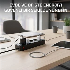 Akım Korumalı 4’lü Priz 2xUSB 2xType-C Çıkış Yüksek Gerilim Koruma Priz Çoğaltıcı