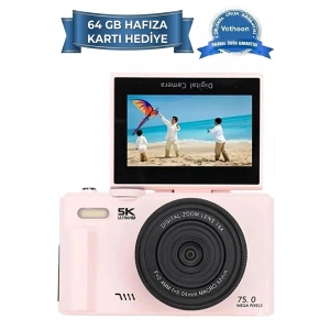 5K 75MP 18X Zoom Flaşlı 3” Flip Ekranlı Türkçe 64GB Kart Dijital Vlog Fotoğraf Makinesi