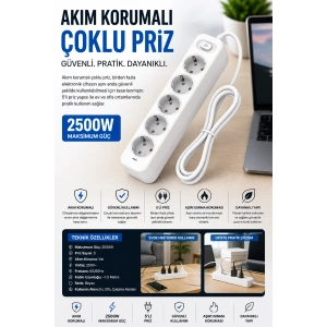 Akım Korumalı 5’li Çoklu Priz 2500W Güçlü Uzun Kablolu Güvenli Kullanım