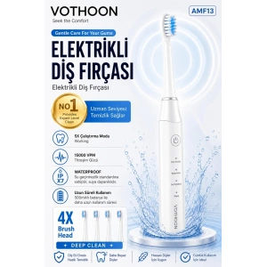 Şarjlı Diş Fırçası 15000 VPM Titreşim Gücü, 500mAh Batarya, 5 Temizlik Modu beyaz