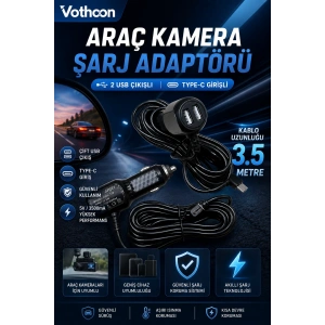 Araç Kamera Şarj Adaptörü 2 Usbli Type-c Girişli 3.5 Metre Kablo Uzunluğu(Ürün Kamera Değildir)
