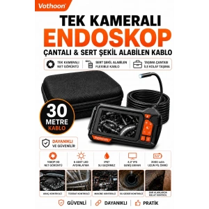 Ekranlı Tek kameralı 30 Mt Sert Kablo Yılan Endoskop Kamera 8 mm 4.3 ınc