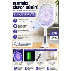 Şarjlı Sinek Öldürücü Sivrisinek Raketi Elektrikli Karasinek Haşere Kovucu Mor Işıklı Sineklik Aleti