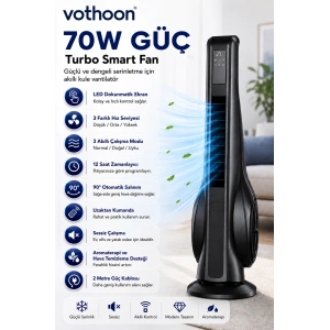 Turbo Smart Akıllı Fan Led Ekranlı Kumandalı 90° Hareketli Serinletici Soğutucu Kule tipi Vantilatör
