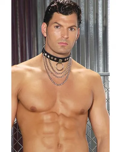 Fantezi Deri Zincirli Erkek Boyunluk - Seksi Erkek Tasma