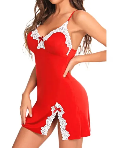 Fiyonklu Dantelli Yırtmaçlı Kırmızı Gecelik