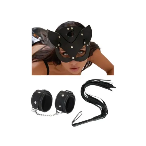 Fantezi Deri Seksi Siyah Kedi Maske Kelepçe Kırbaç Seti ( 3’lü set)