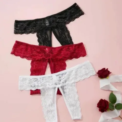 Kadın 3’lü Özel Bölgeleri Açık Dantelli Tanga seti