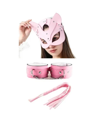 Fantezi Deri Seksi Pembe Kedi Maske Kelepçe Kırbaç Seti ( 3’lü set)