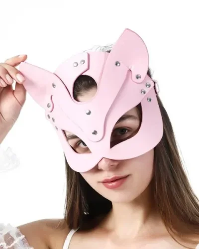 Fantezi Deri Seksi Pembe Kedi Maskesi