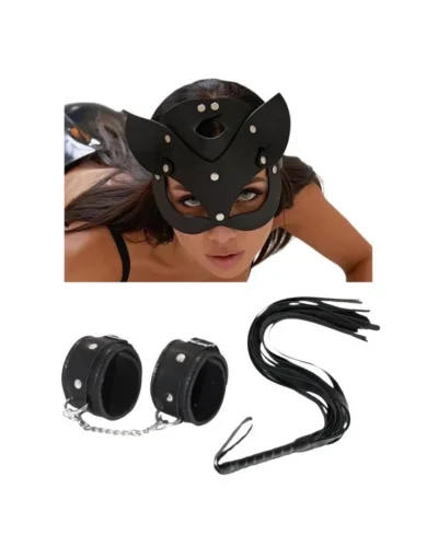 Fantezi Deri Seksi Siyah Kedi Maske Kelepçe Kırbaç Seti ( 3’lü set)
